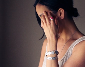 Sterling silver bracelet handmade of 9 textured ancient coin like circles, modern adjustable length silver bracelet - "Ona Bracelet"