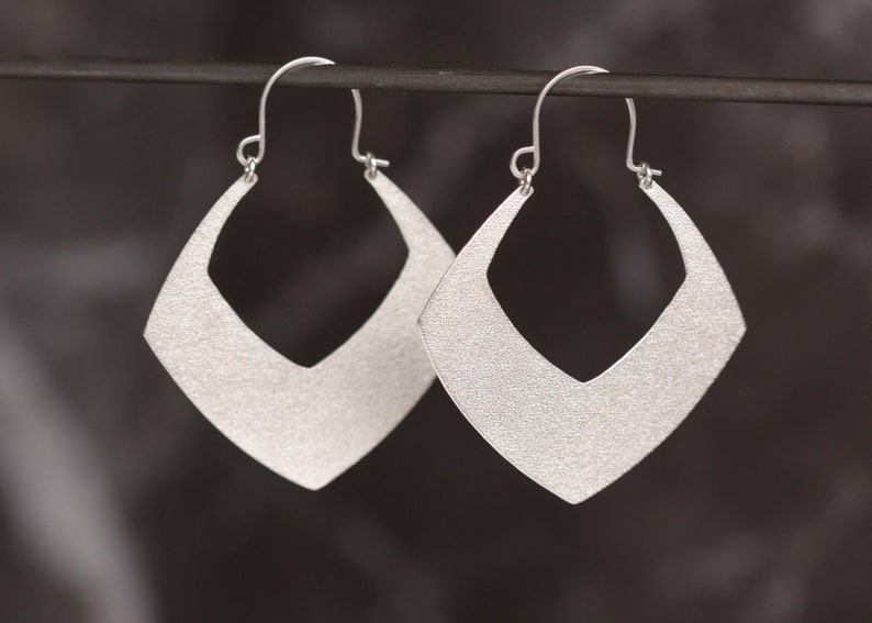 Bold sterling silver earrings in a unique geometric shape and with pattern on both sides, lightweight boho style dangles Temple Earrings image 6