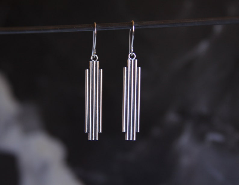Art deco earrings, geometric line style sterling silver earrings, minimalist global modern lightweight ear dangles Toltec Earrings image 6