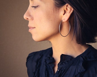 Large silver hoop earrings with a modern satin finish, a classic large hoop, elegant jewelry staple - "Hammered Tail Hoops"