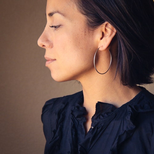 Large silver hoop earrings with a modern satin finish, a classic large hoop, elegant jewelry staple - "Hammered Tail Hoops"