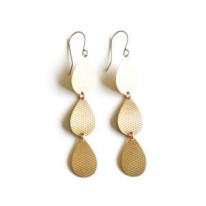 Warm brass earrings handmade with a trio of textured brass teardrops connected in a linear line Lena Earrings Brass image 3