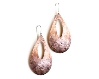Bold copper earrings in a large teardrop shape oxidized and embossed for depth and added visual appeal - "Wheat Fields Earrings"