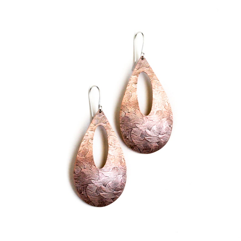 Bold copper earrings in a large teardrop shape oxidized and embossed for depth and added visual appeal Wheat Fields Earrings image 1