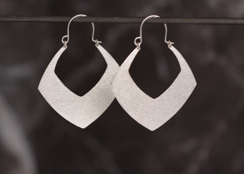 Bold sterling silver earrings in a unique geometric shape and with pattern on both sides, lightweight boho style dangles Temple Earrings image 2