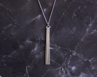 Sterling silver necklace with a simple yet eye-catching pendant of 5 long slender silver stems, perfect alone or layered - "Tassel Necklace"