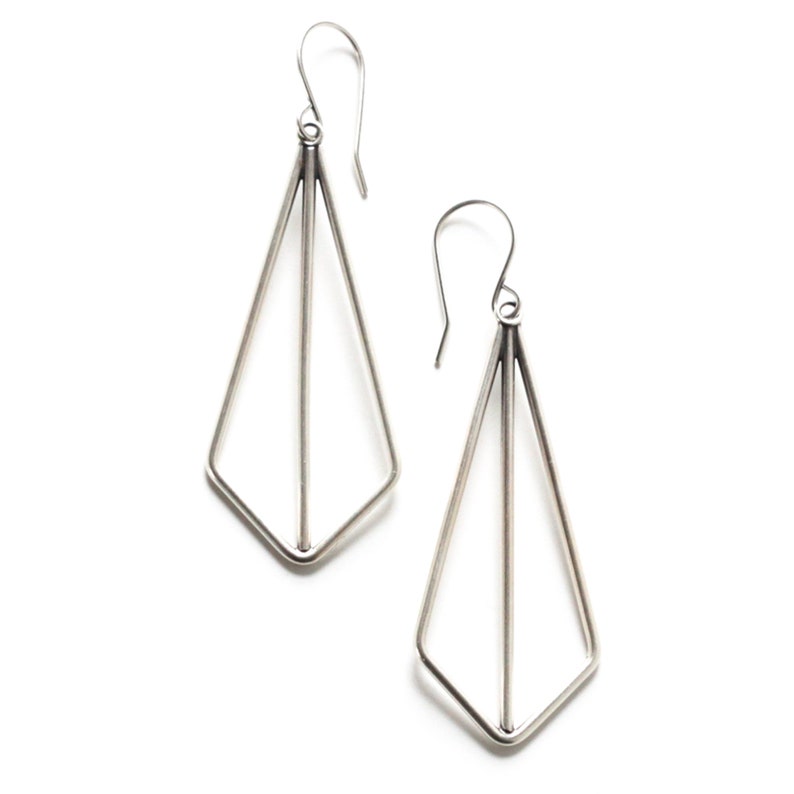 Modern geometric earrings of angles and lines handmade of sterling silver wire formed into a striking kite shape Silver Kite Earrings image 3