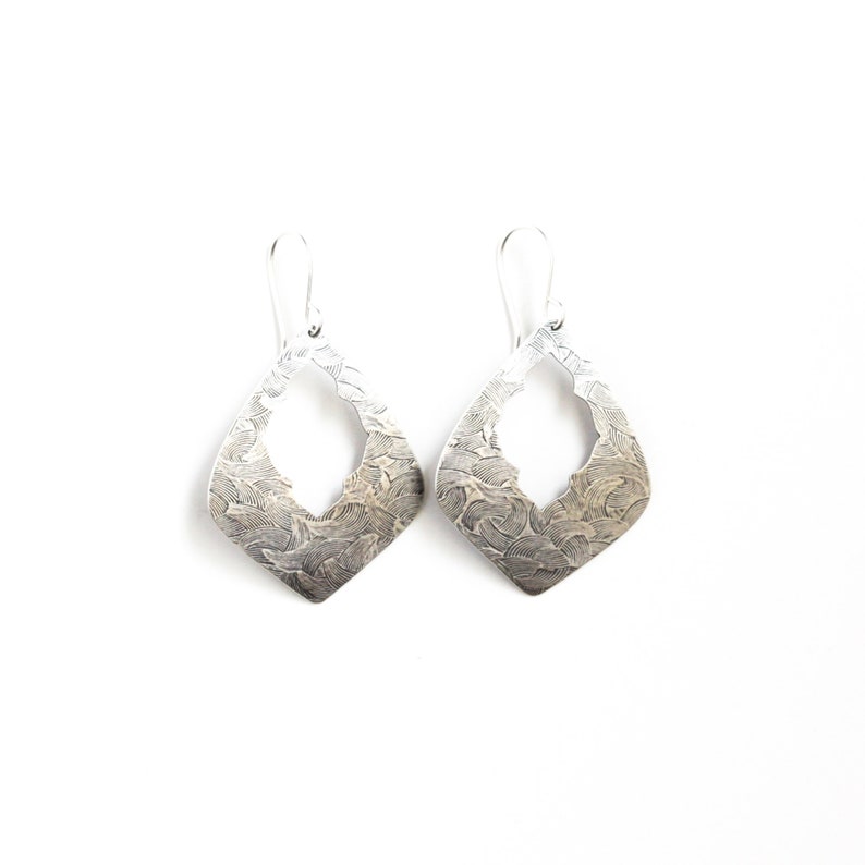 Striking silver earrings which combine ornate elements of an ancient design with a modern geometric shape Marrakesh Earrings image 3
