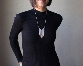 Dramatic silver necklace, long fringe filled modern boho inspired jewelry design of 15 individual strands - "Fringe Channel Necklace"
