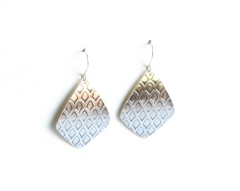 Moroccan earrings with old world pattern embossed on geometric shapes cut out of recycled sterling silver sheet - "Arches Earrings"