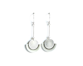 Unique and fun sterling silver earrings in a lunar motif with half silver moon shape dangling off a long silver bar - "Moonrise Earrings"