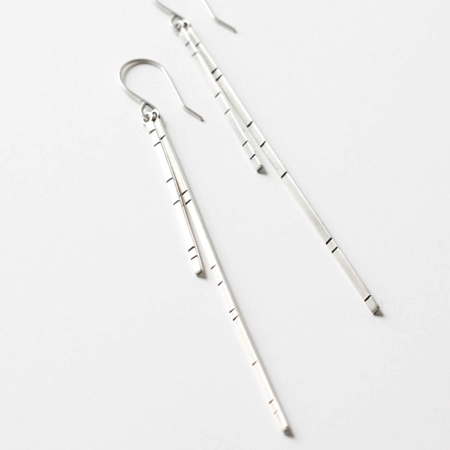 Long Dangle Silver Earrings With Chisel Marks Simple yet Etsy