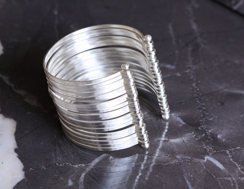 Bold statement cuff, compilation of many individual flattened sterling silver wires formed into a dramatic bracelet Isobel Cuff image 3