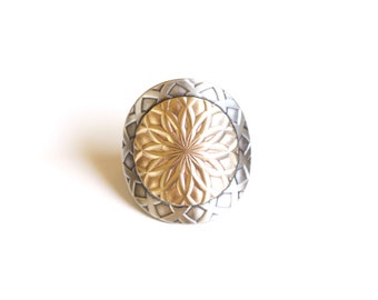 Modern silver ring handmade with round brass and sterling silver circles w/ intricate mandala pattern - made to order size - "Mandala Ring"