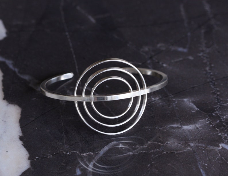 Recycled sterling silver round sun inspired cuff bracelet, unique design handmade of flattened and square silver wire Mitra Cuff image 1
