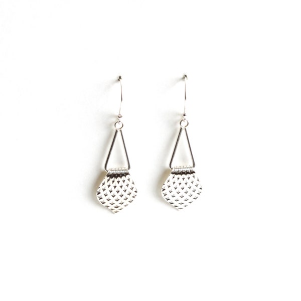 Lightweight, comfy silver earrings, a unique pairing of an ornate shape and a geometric wire triangle - "Small Alhambra Earrings - Silver"