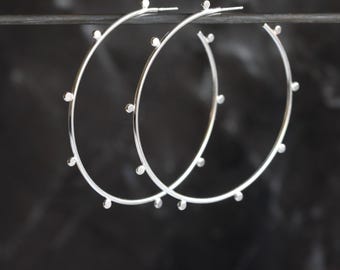 Extra large statement hoops, modern and edgy design of flattened silver balls, bold alternative to the traditional - "Compass Hoops - Large"