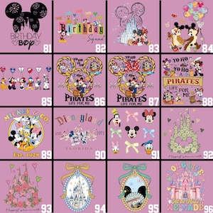 May include: A collection of various designs featuring Disney characters and themes. Designs include Mickey Mouse silhouettes, castle illustrations, and text such as "Birthday Squad" and "Pirates Life for Me". The color palette is primarily pink and pastel.