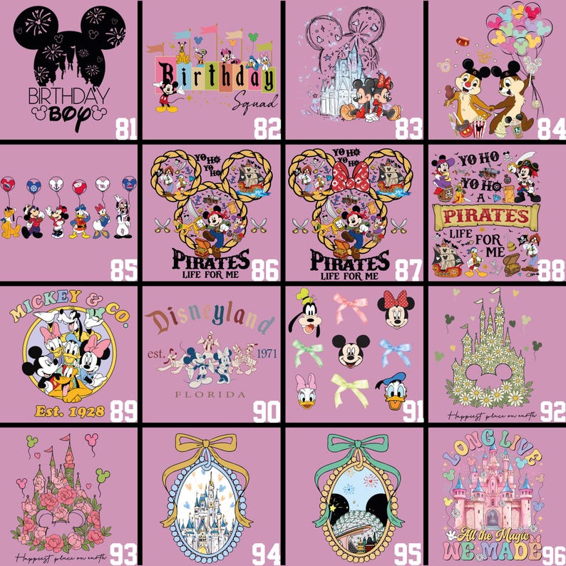 May include: A collection of various designs featuring Disney characters and themes. Designs include Mickey Mouse silhouettes, castle illustrations, and text such as "Birthday Squad" and "Pirates Life for Me". The color palette is primarily pink and pastel.