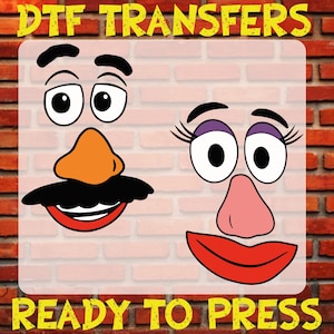 May include: DTF TRANSFERS and READY TO PRESS text above and below two cartoon faces. One face has a black mustache, orange nose, and red lips. The other face has purple eyelashes, a pink nose, and red lips.