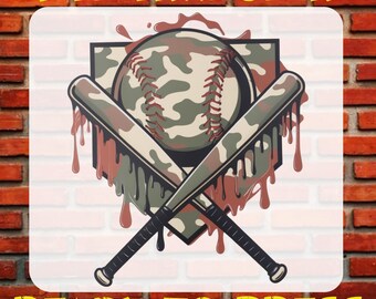 May include: A camouflage baseball with two crossed bats, dripping red paint, inside a home plate. The text "DTG TRANSFER" is at the top and "READY TO PRESS" is at the bottom.