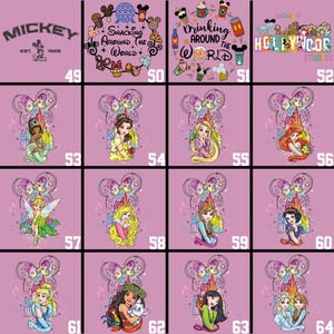 May include: A grid of Disney-themed designs on a pink background. The designs include Mickey Mouse, text that says "Snacking Around the World", "Drinking Around the World", and "Hollywood Studios". Other designs feature Disney princesses.