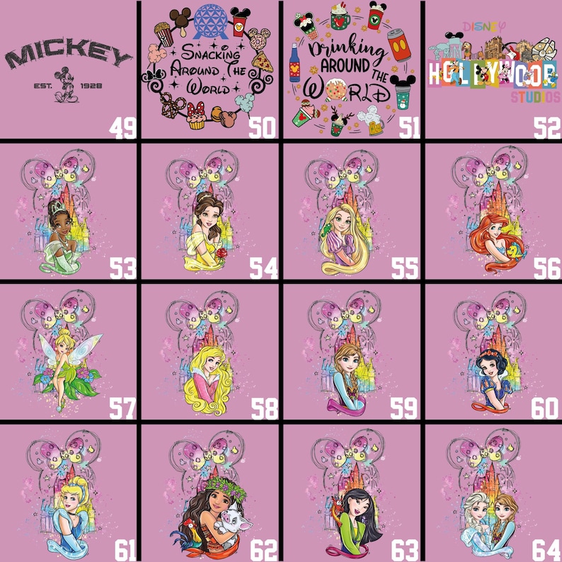 May include: A grid of Disney-themed designs on a pink background. The designs include Mickey Mouse, text that says "Snacking Around the World", "Drinking Around the World", and "Hollywood Studios". Other designs feature Disney princesses.