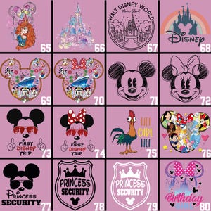 May include: A collection of Disney-themed graphics on a pink background. Designs include Disney characters like Mickey and Minnie Mouse, castles, and text such as "First Disney Trip" and "Princess Security".