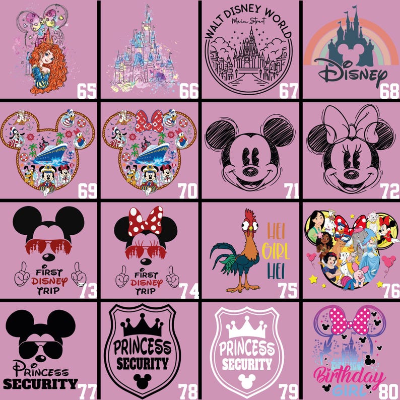 May include: A collection of Disney-themed graphics on a pink background. Designs include Disney characters like Mickey and Minnie Mouse, castles, and text such as "First Disney Trip" and "Princess Security".