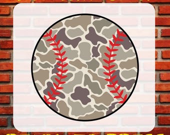 May include: A circular DTF transfer graphic featuring a baseball design with a camouflage pattern in shades of tan, brown, and grey. The ball includes red stitching details. The text DTF TRANSFER READY TO PRESS is printed in yellow.