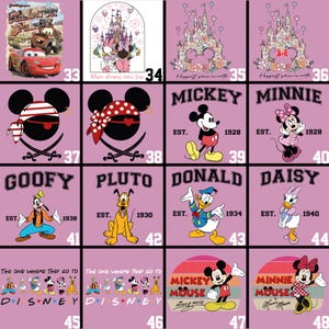 May include: A collection of Disney-themed designs on a pink background. The designs include characters like Mickey Mouse, Minnie Mouse, Goofy, Pluto, Donald Duck, and Daisy Duck. Some designs feature text like "Mickey Mouse" and "Where dreams come true."