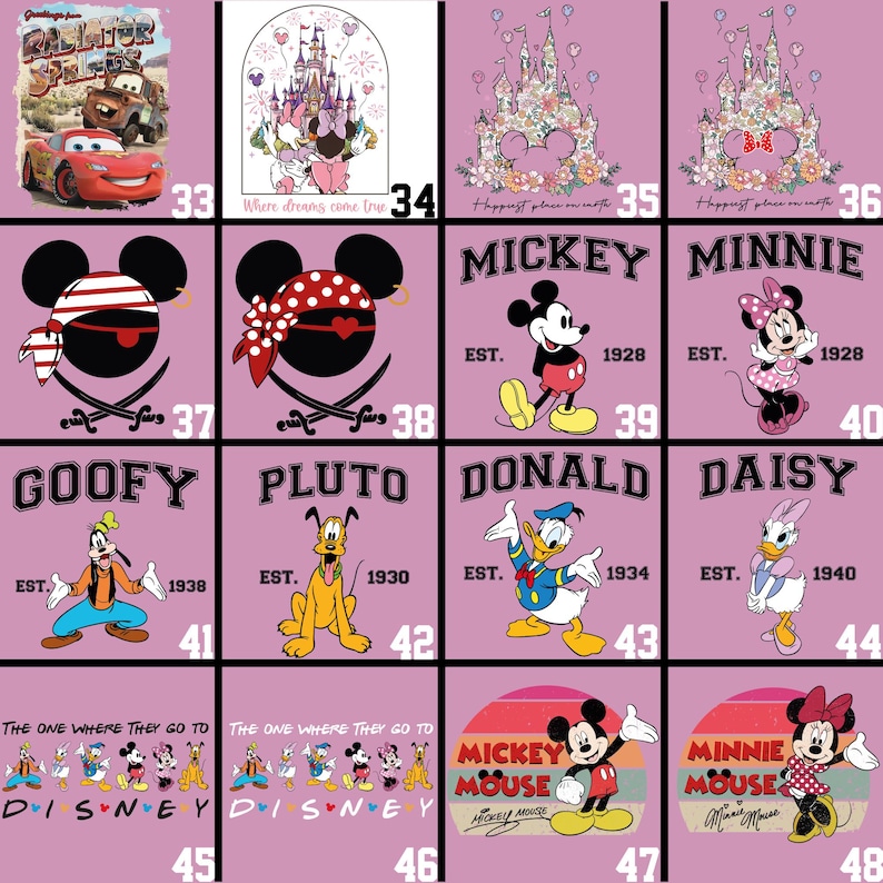 May include: A collection of Disney-themed designs on a pink background. The designs include characters like Mickey Mouse, Minnie Mouse, Goofy, Pluto, Donald Duck, and Daisy Duck. Some designs feature text like "Mickey Mouse" and "Where dreams come true."