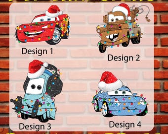 May include: DTF Transfers featuring four cartoon car designs, each wearing a Santa hat and Christmas lights. Designs include a red car, a brown tow truck, a blue car, and a light blue car. Text reads "Design 1", "Design 2", "Design 3", and "Design 4". The bottom text reads "READY TO PRESS".