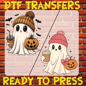 Cute Ghost Pumpkin Coffee Dtf Ready To Press, Women Halloween Ghost Iron On, Spooky Season Heat Transfer, Girly Ghost Dtf Print, Girls Ghost
