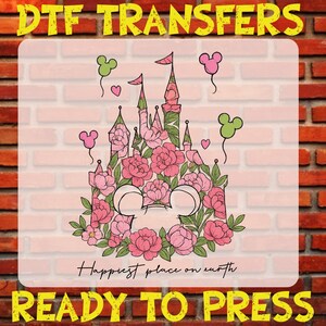 Floral Disney Happiest Place On Earth Dtf, Magical Castle Ready To Press, Disney Castle Heat Transfer, Disney Iron On, Floral Mickey Head