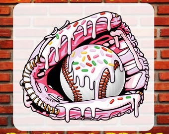 May include: A pink baseball glove with white icing and sprinkles, holding a white baseball with white icing and sprinkles. The image has the text "DTG TRANSFER READY TO PRESS" at the top and bottom.
