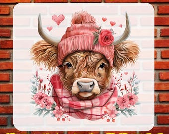 Puede incluir: Una transferencia DTF con una vaca de las Tierras Altas que lleva un gorro de punto rosa, una bufanda y adornos florales. La vaca tiene cuernos largos y está rodeada de corazones y flores. El texto "DTF TRANSFER" y "READY TO PRESS" es amarillo.