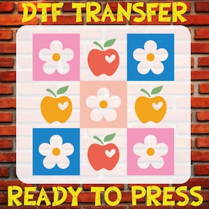 Floral Checkered Apple Ready To Press, Teacher Dtf Transfer, Teacher Back To School Iron On, Teacher Heat Transfer, First Day of School Dtf