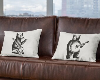 Banjo Bears, grizzly bear pillowcases, brown bear wildlife, funny bear, room decor bedroom pillow cases, bluegrass band, camping cabin woods