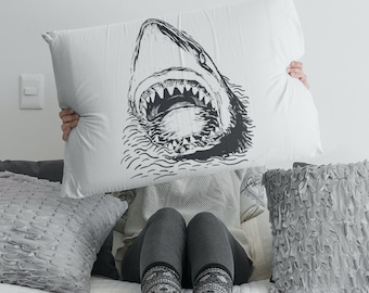 shark pillowcase, great white shark pillow case, shark pillow cover, nautical decor, shark bedding wall decor shark room hand screen printed