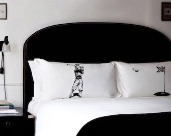 Golfer Swinging pillowcase set, golf pillowcases, designer pillow cases, gift for golfer, golf wall art, golfing bedding, gift for dad, ball