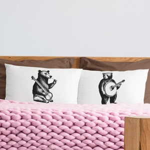 Banjo Bears pillowcase set Pillow Fight white pillowcases Grizzly Bears Brown Bears pillow cases bluegrass indie folk band art music guitar
