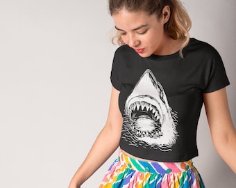 shark shirt, great white shark top, ladies womens unisex graphic tee shirt, s m l xl, jaws shark teeth, unique screen print handmade tshirt