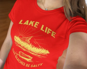 Lake Life Shirt Women Vacation Lake Mode Funny Saying Graphic Tee Casual Short Sleeve Shirts Tops (Red)(Heather Grey)