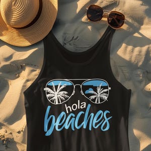 Hola Beaches women&#39;s tank top, ladies beach tshirt, funny beachwear gift, beach trip shirt, black blue swimsuit tee tankini vacation t-shirt