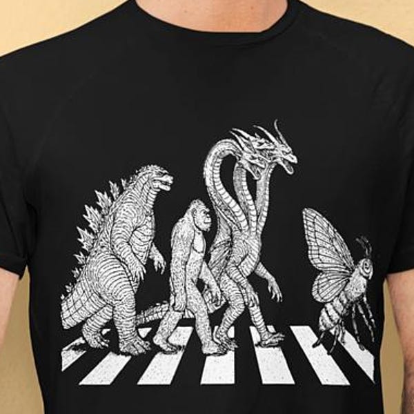 vintage godzilla parody Abbey Road T-Shirt, Funny Kaiju tshirt king kong mothra, ghidorah, Cool Retro Monster Shirt for Men gift graphic tee