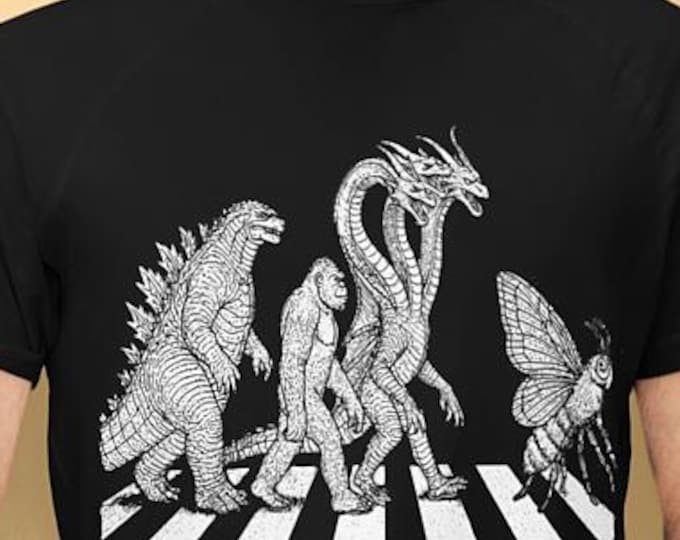 vintage godzilla parody Abbey Road T-Shirt, Funny Kaiju tshirt king kong mothra, ghidorah, Cool Retro Monster Shirt for Men gift graphic tee