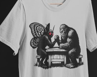 Bigfoot tshirt, Bigfoot Mothman graphic tee shirt, men's yeti shirt fight FUNNY arm wrestling cryptid poster retro movie UNIQUE room fan art