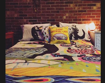 vintage godzilla parody Pillow Case Monster Pillow Fight Pillowcases japan film and king kong fiction Horror Lover pulp Black room decor art