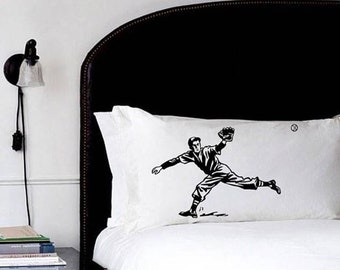 Baseball pillowcase set, baseball pillowcases, Batter vs Fielder pillow fight, baseball player boys room sports decor, gift for him son